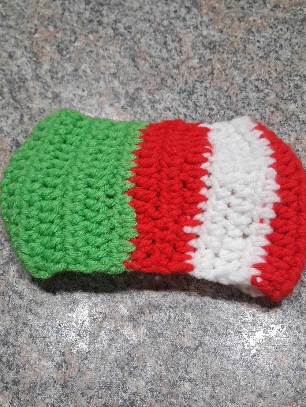 Handmade Crocheted Beanie in Green, Red & White